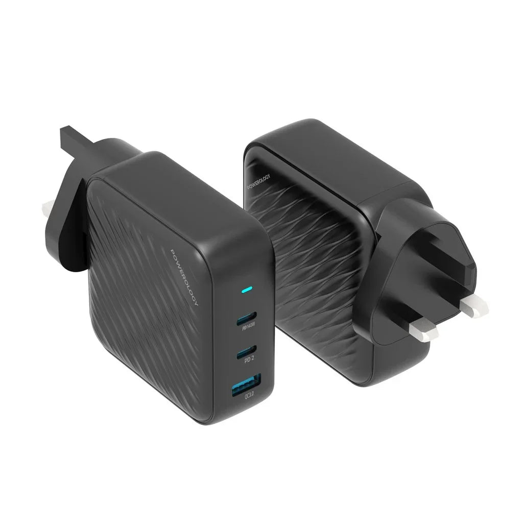 Powerology 140W PD QC 2xUSB-C and 1xUSB-A GaN Charger UK - Black - Tashqila Powerology 140W PD QC 2xUSB-C and 1xUSB-A GaN Charger UK - Black - Tashqila